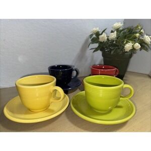 Homer Laughlin Fiesta Ware Set Of 4 Tea Cups & 4 Saucers Red‎ Blue Green Yellow